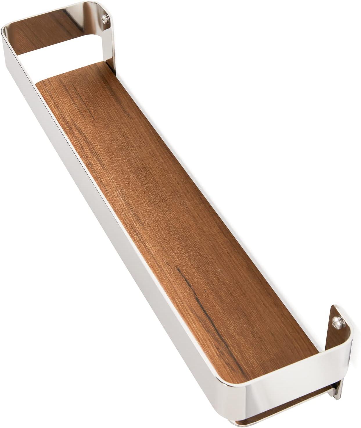 Floating Rectangular Shower Shelf with Rail in a Polished Finish and Natural Teak Wood Insert