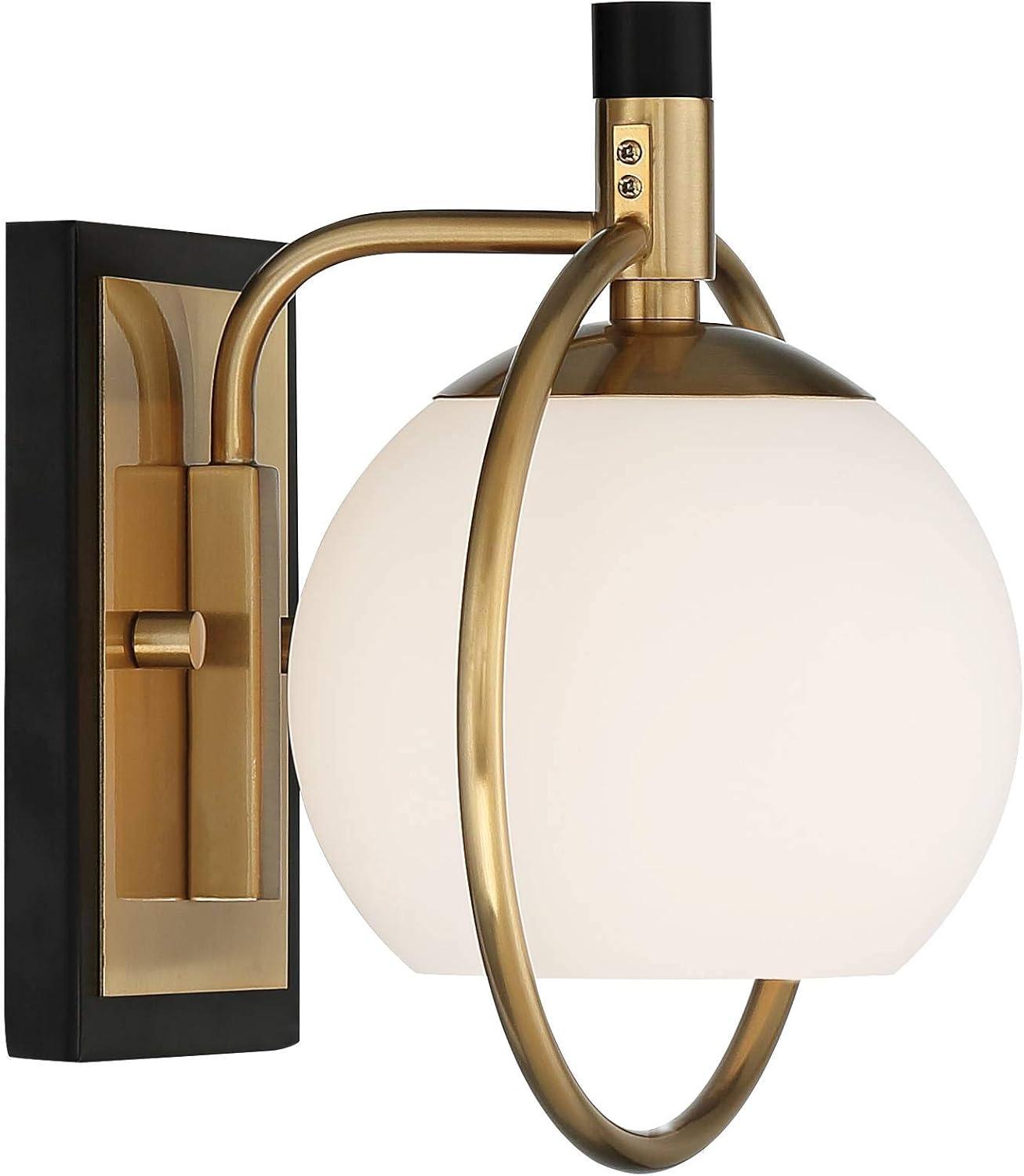 Possini Euro Design Carlyn Modern Wall Light Sconce Warm Brass Black Hardwire 8" Fixture Milky White Globe Glass for Bedroom Bathroom Vanity Reading