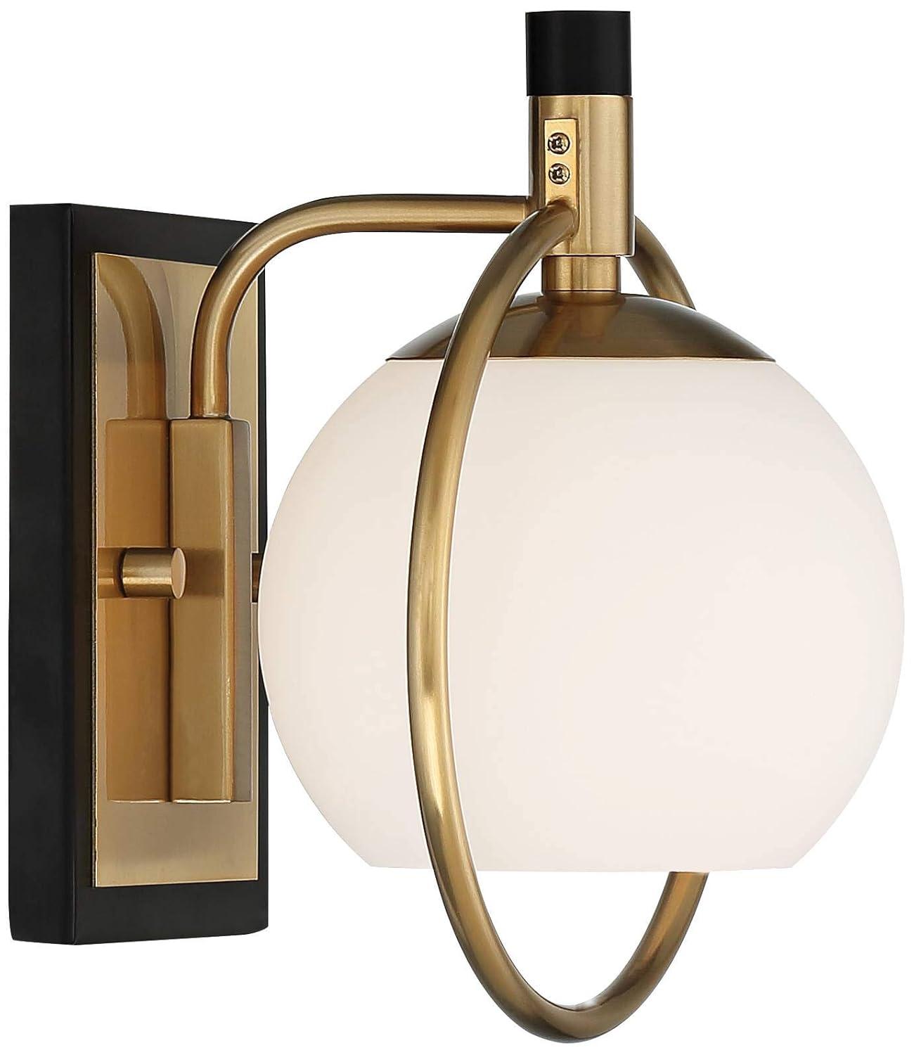 Possini Euro Design Carlyn Modern Wall Light Sconce Warm Brass Black Hardwire 8" Fixture Milky White Globe Glass for Bedroom Bathroom Vanity Reading