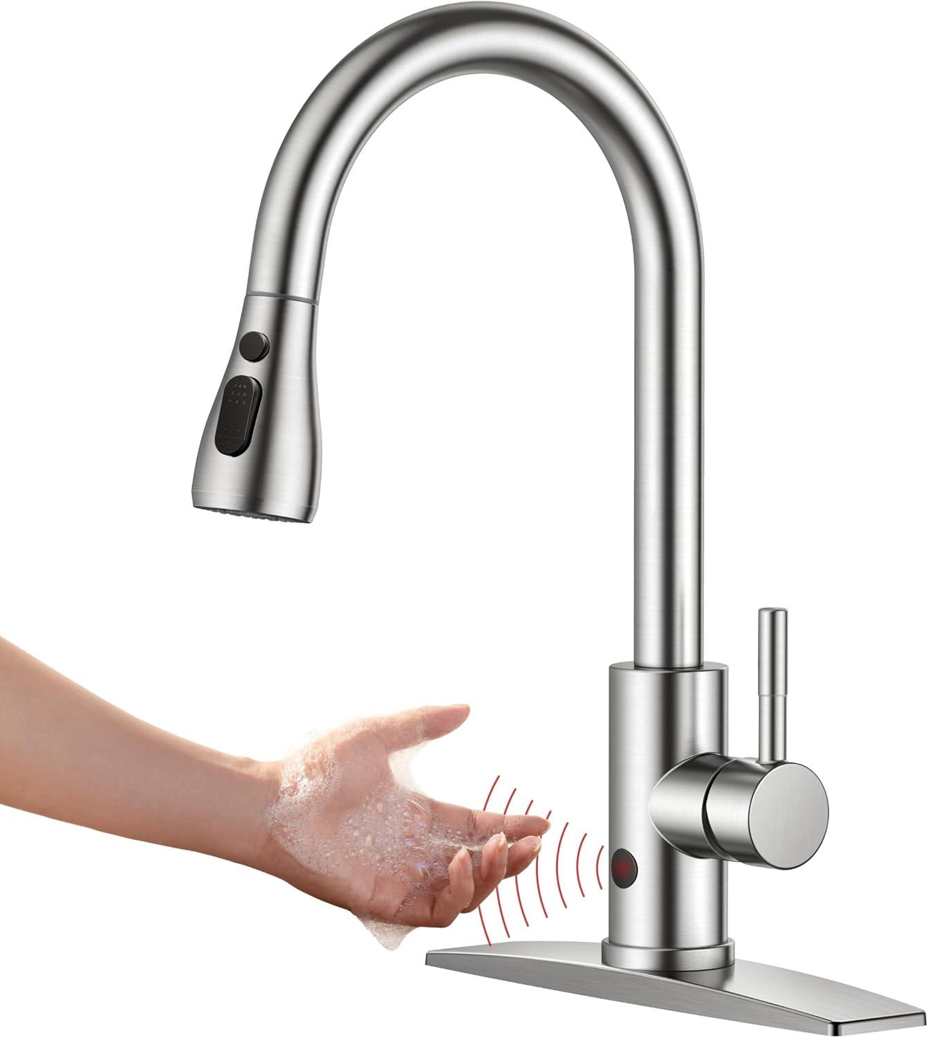 MODERN WALLS LLC B07Y4Y88Y6 Kitchen Faucets, Brushed Nickel Kitchen Faucet With Pull Down Sprayer, High Arc Single Handle Stainless Steel Sink Faucets 1 Or 3 Hole, Kitchen Sink Faucets For Farmhouse Camper Laundry Rv Bar