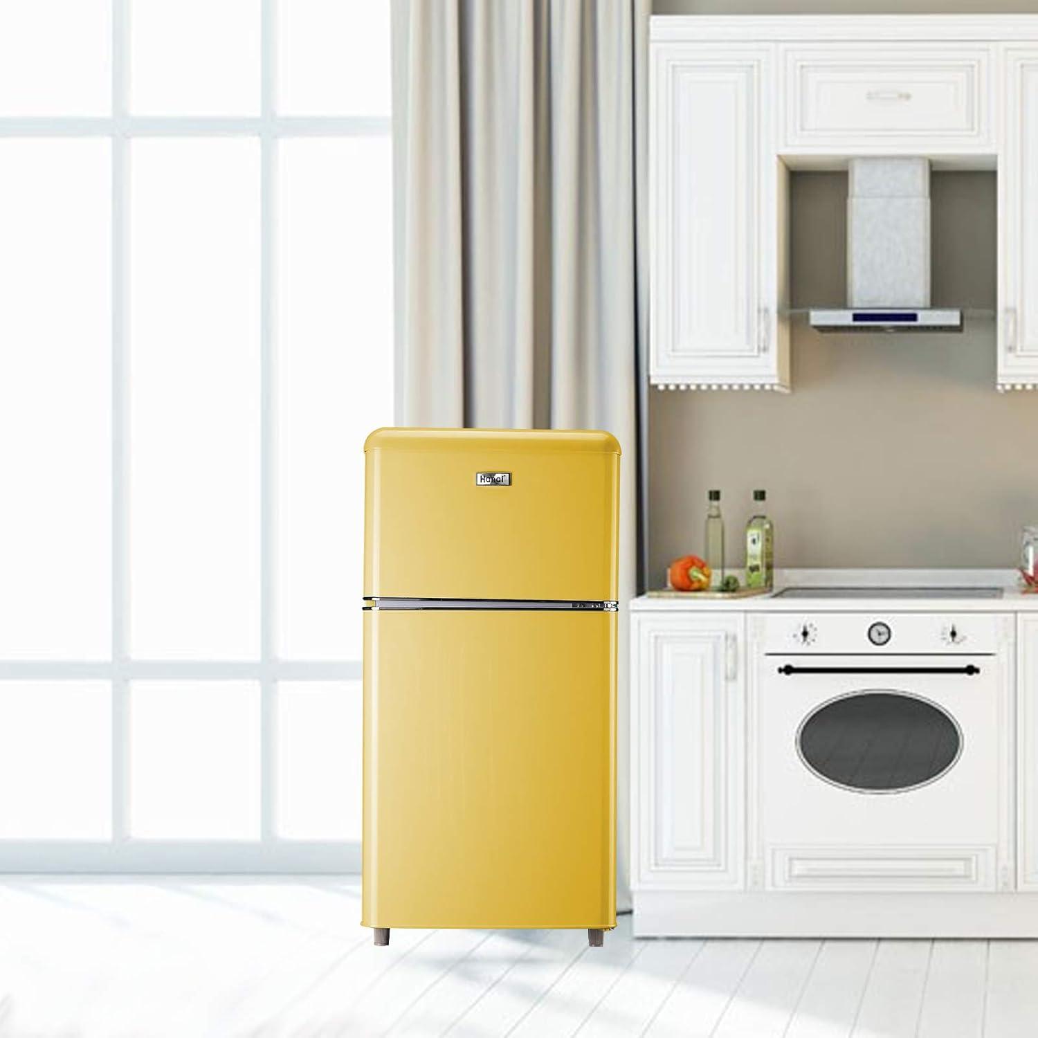 WANAI 3.2.Cu ft Two Door Mini Fridge with Freezer, A retro look,(yellow)