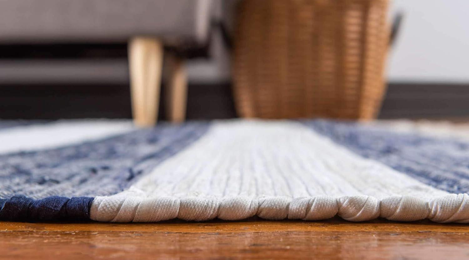 Unique Loom Chindi Rag Collection Area Rug - Striped (2' 7" x 6' 1" Runner Navy Blue/Ivory)