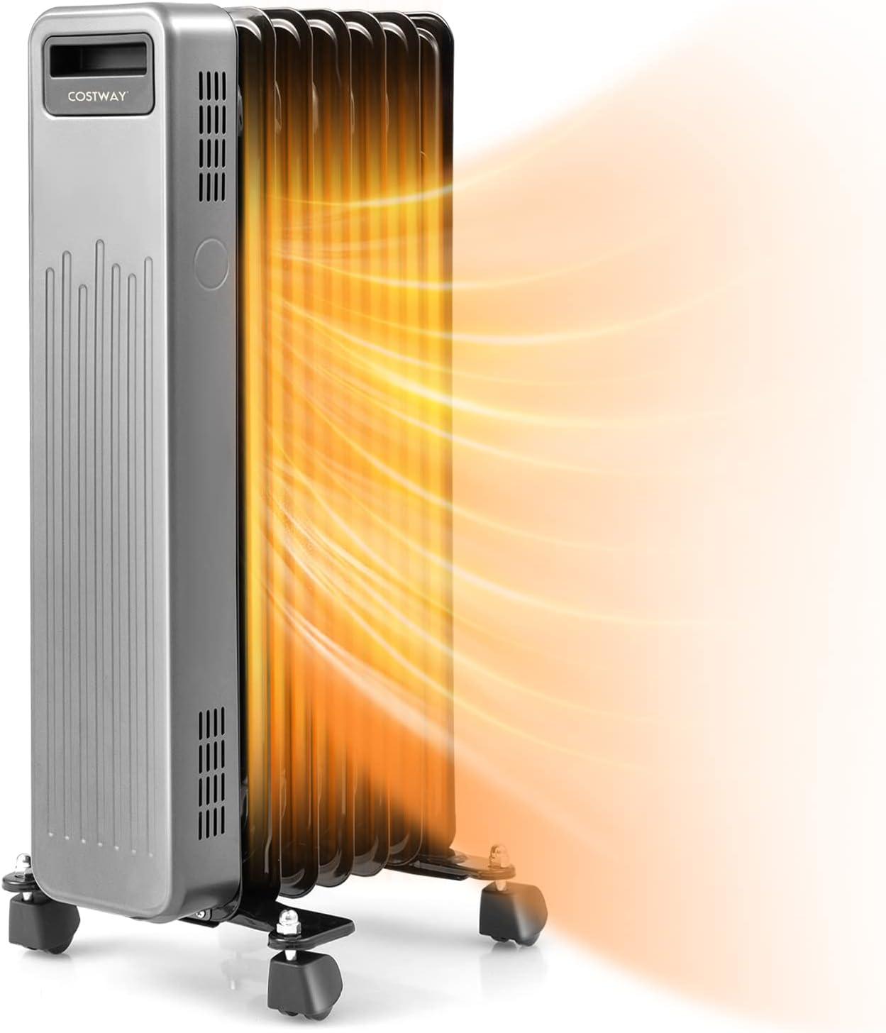 Costway 1500W Oil-Filled Radiator Heater Portable Electric Space Heater 3 Heat Settings