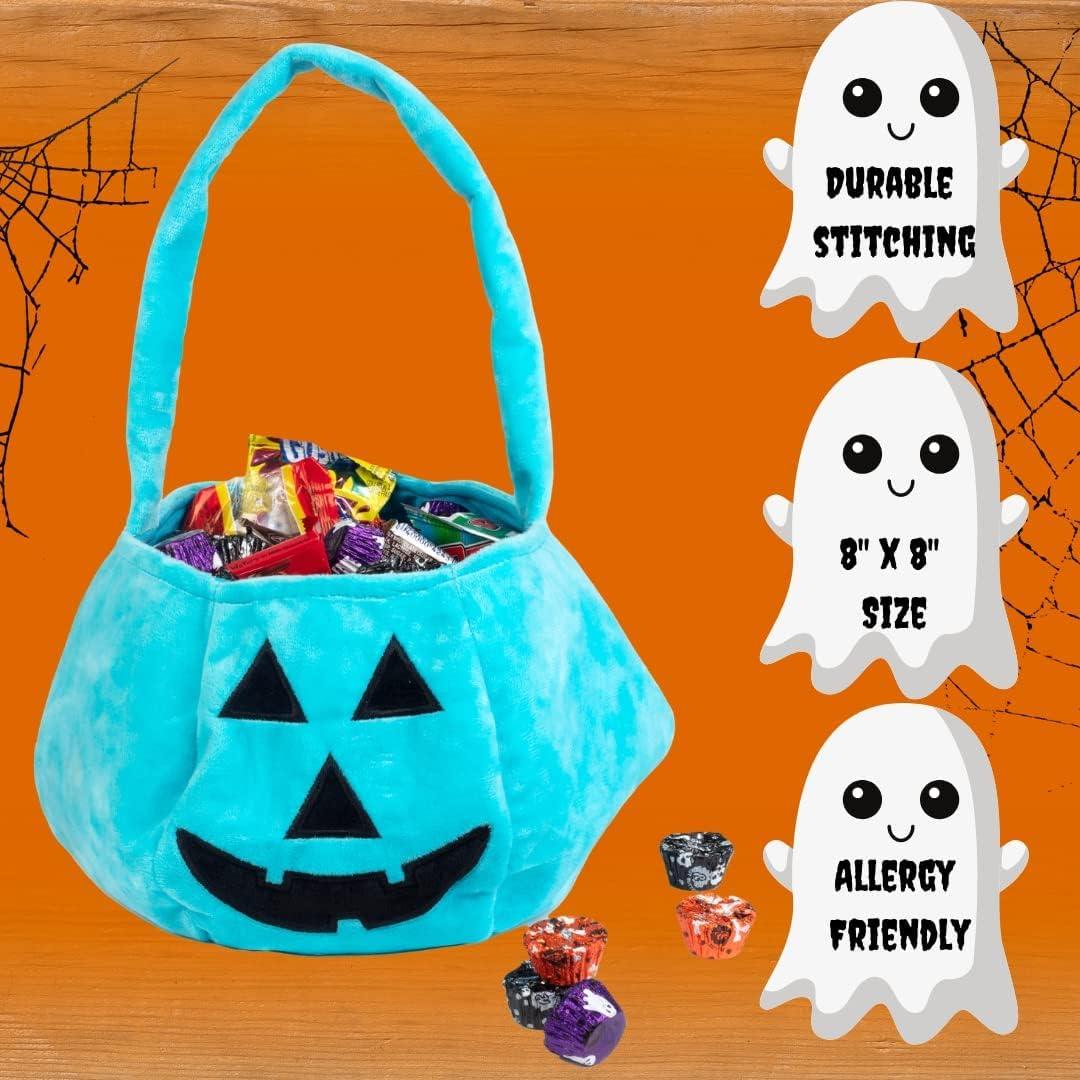 Halloween Trick or Treat Bucket - Teal Pumpkin Allergy Friendly Soft Treat Bag Tote - Reusable 8 x 8 Kids Light Blue Jack O Lantern Felt Fabric Pail for Treats, Costume, and Decorations