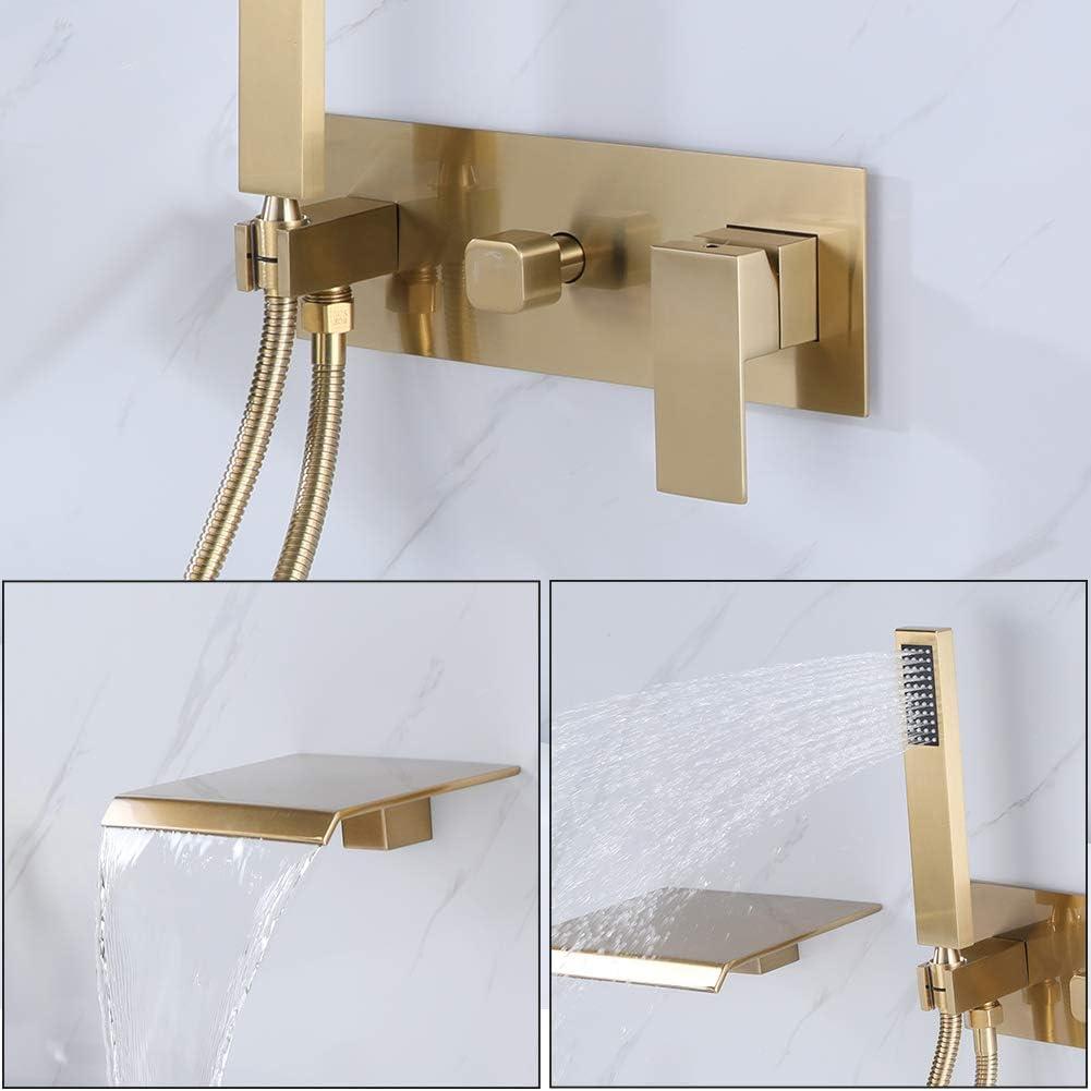 Wall Mounted Tub Filler with hand shower, Two Handles Brushed Gold Waterfall Bathtub Faucet with Rough-in Valve