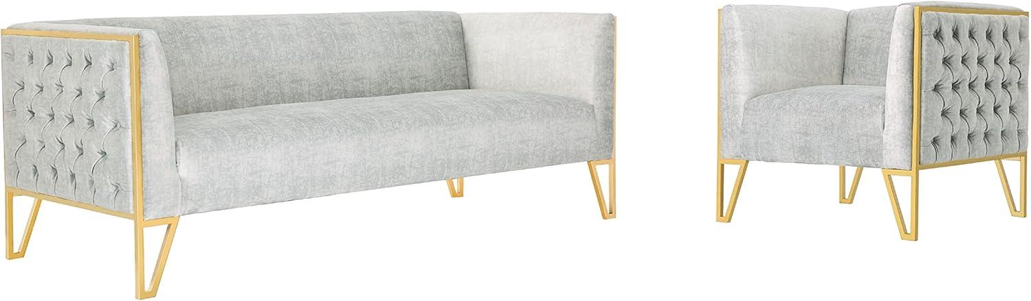 Gray Velvet Sofa and Armchair Set with Brass Frame