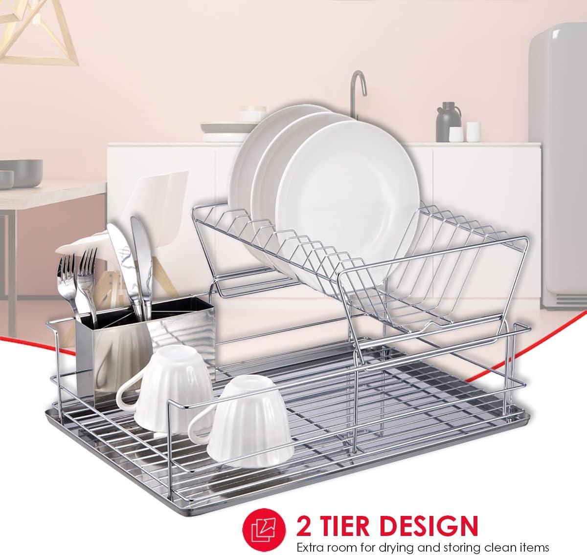 Dish Drying Rack, 2-Tier Dish Rack with Utensil Holder, Dish Drainer for Kitchen, Plated Chrome Dish Dryer (Heavy duty, Silver)