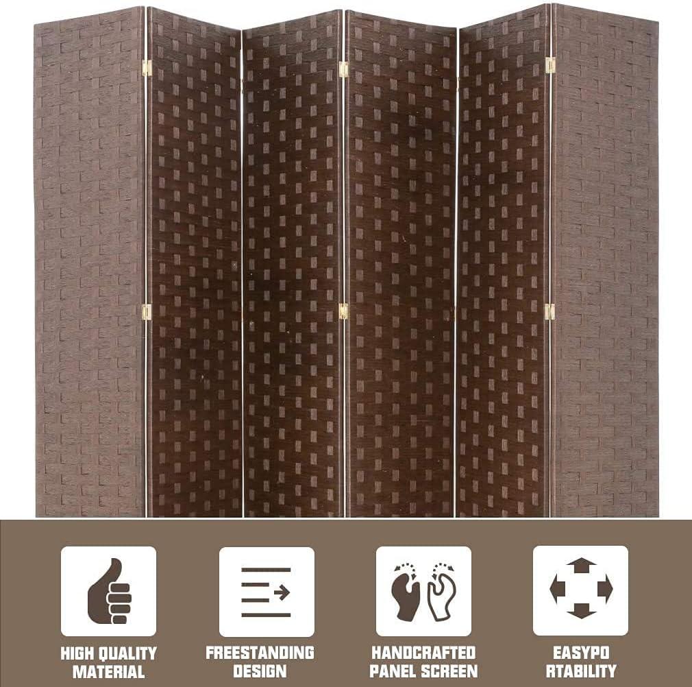 6 Panel  Room Dividers Folding Privacy Screen Partitions Room Dividers Wall Foldable Screen Portable Wood Mesh Woven Design Room Separator Screen for Home Office Bedroom Living Room, Brown