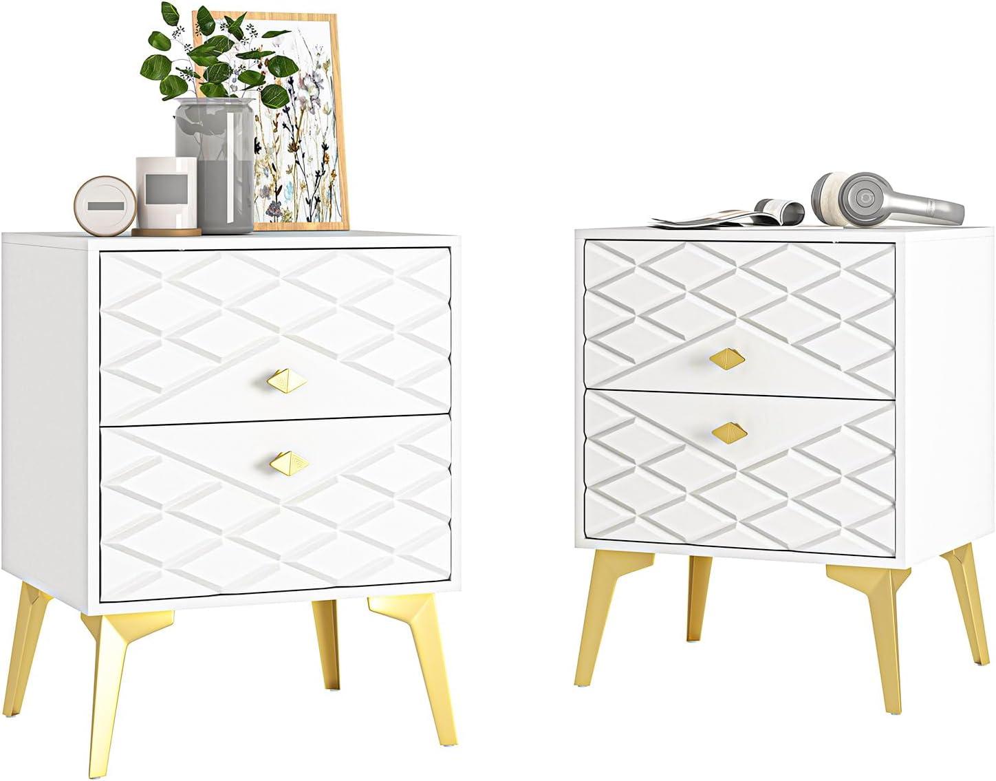 White and Gold Nightstand Set of 2,Modern Bedside Table with 2 Drawer for Bedroom,End Side Table with Gold Legs for Living Room,White Night Stand Set 2 for Bedroom