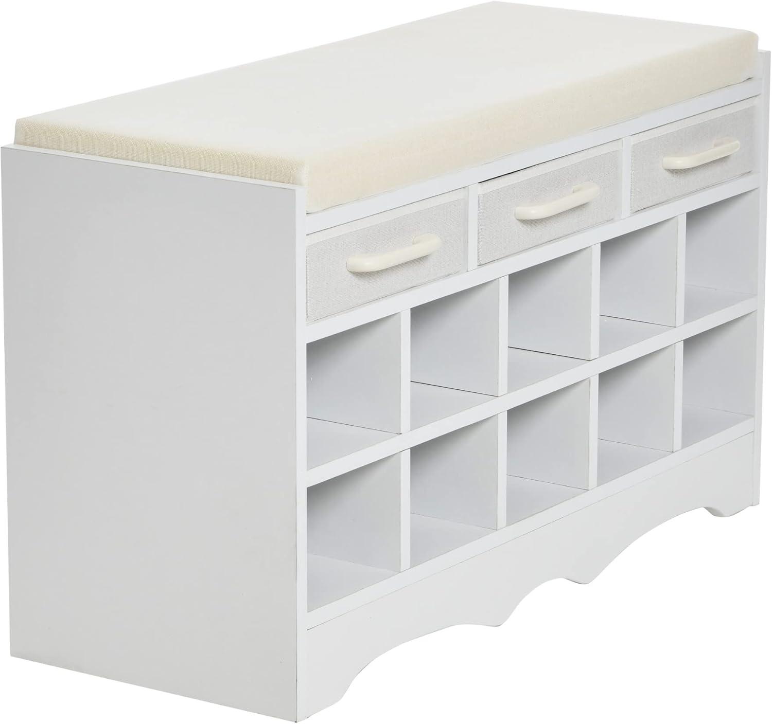 Entryway Storage Bench with 3 Drawers, 10 Shoe Compartments and Cushioned Seat