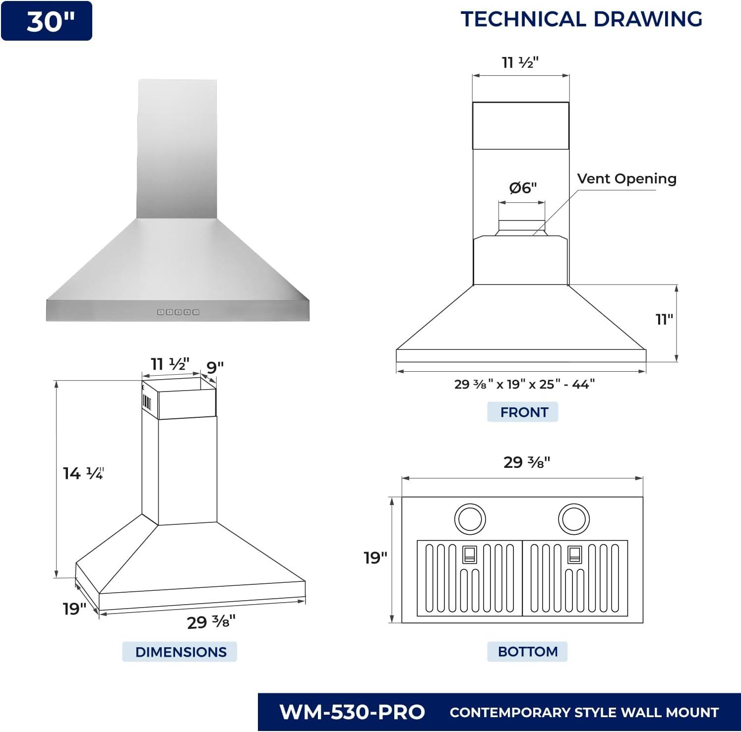 Hauslane 30" Stainless Steel Convertible Wall Range Hood with Baffle Filter
