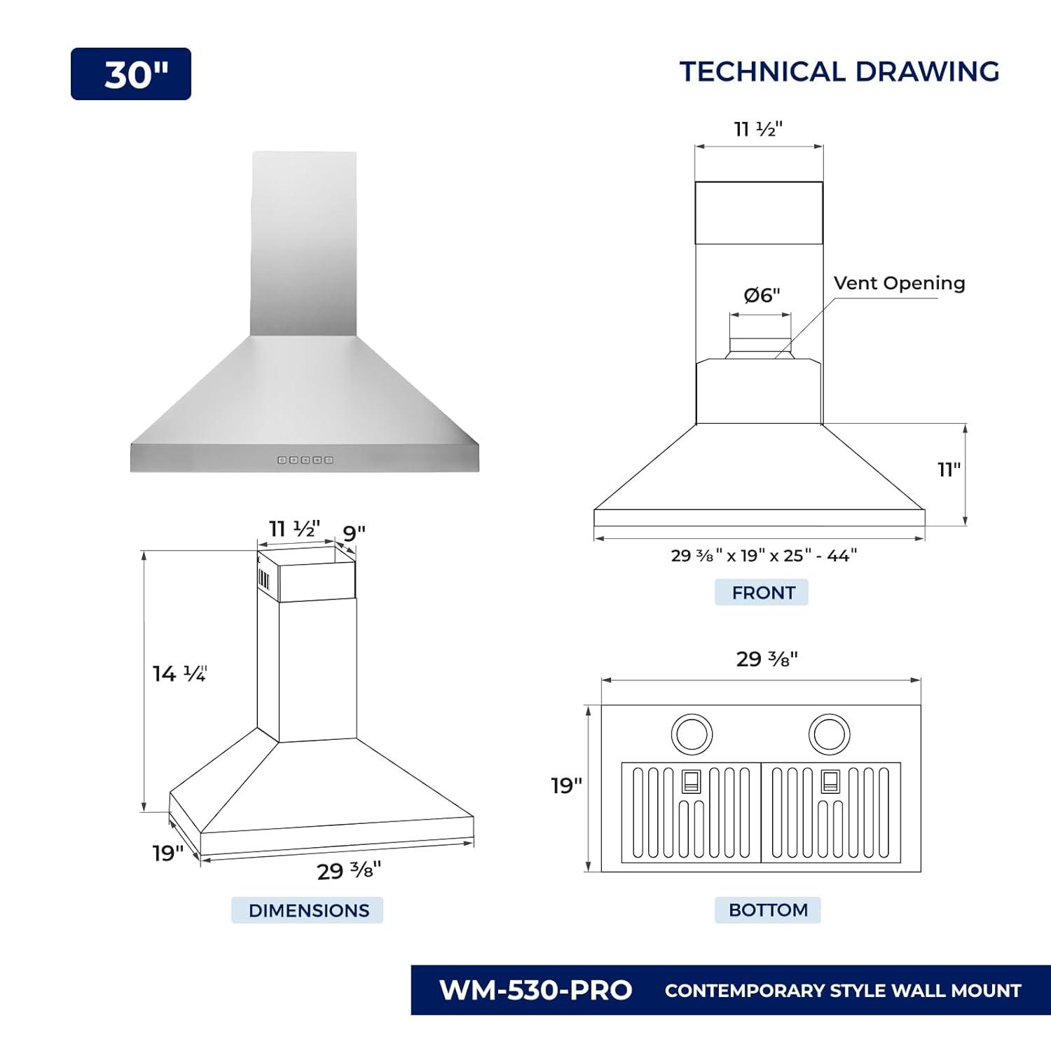 Hauslane 30" Stainless Steel Convertible Wall Range Hood with Baffle Filter