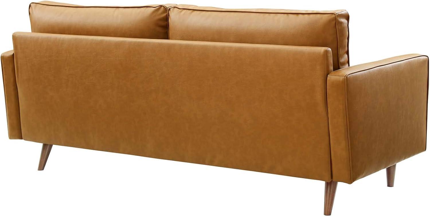 Brown Tufted Faux Leather Sofa with Walnut Wood Legs