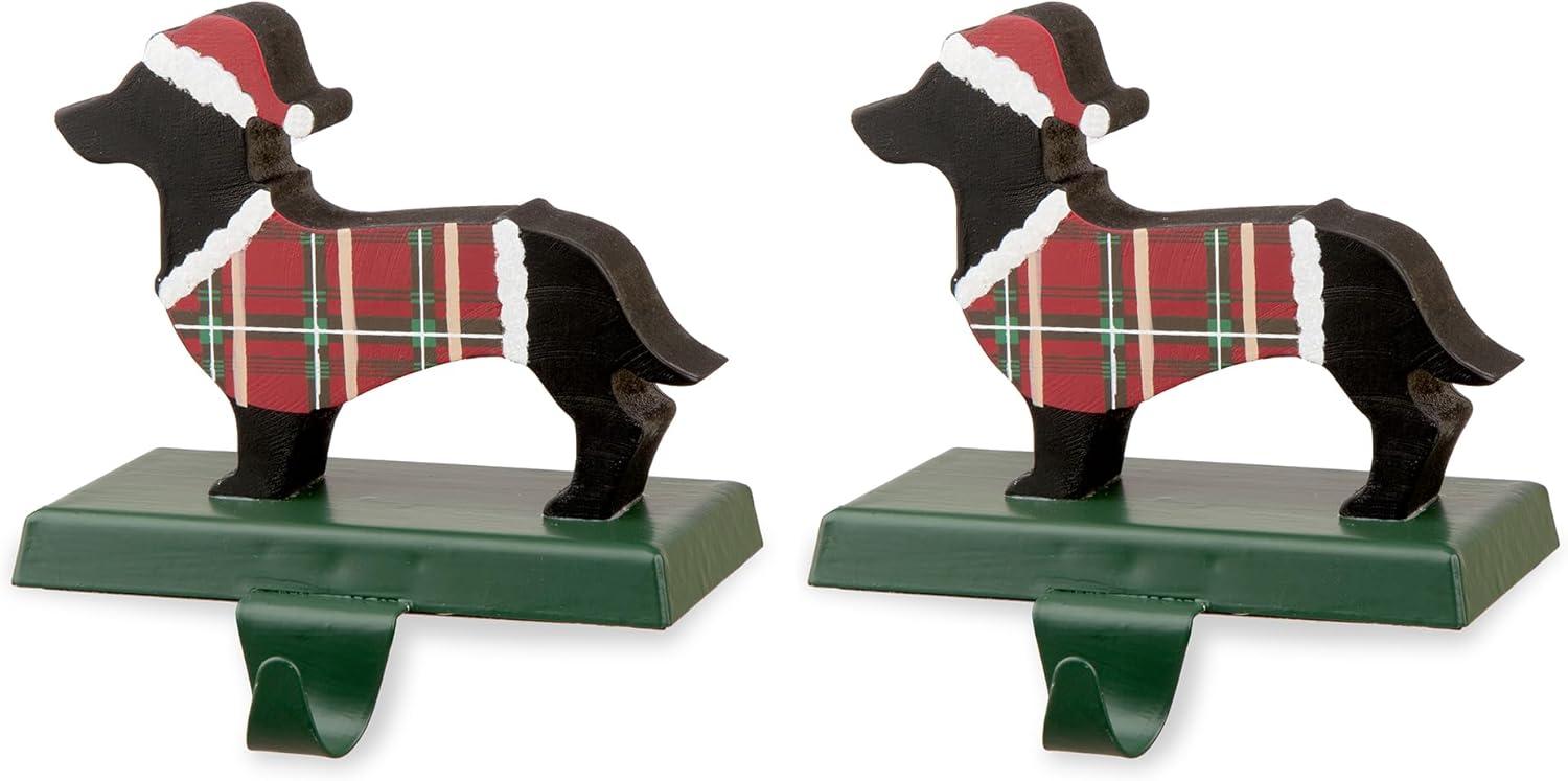 Plaid Dachshund Wooden and Metal Christmas Stocking Holders, Set of 2