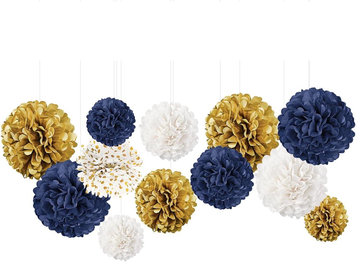 AIM & GGKK Paper Pom Poms Gold Gradient Navy Blue and White Tissue Hanging Paper Pom Poms,Flower Ball Wedding Birthday Party Decoration(12pcs)