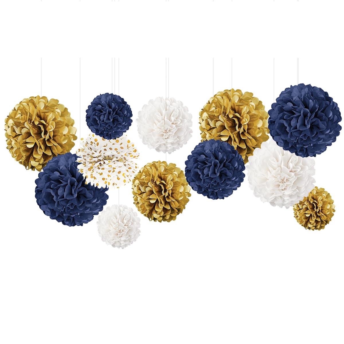 AIM & GGKK Paper Pom Poms Gold Gradient Navy Blue and White Tissue Hanging Paper Pom Poms,Flower Ball Wedding Birthday Party Decoration(12pcs)