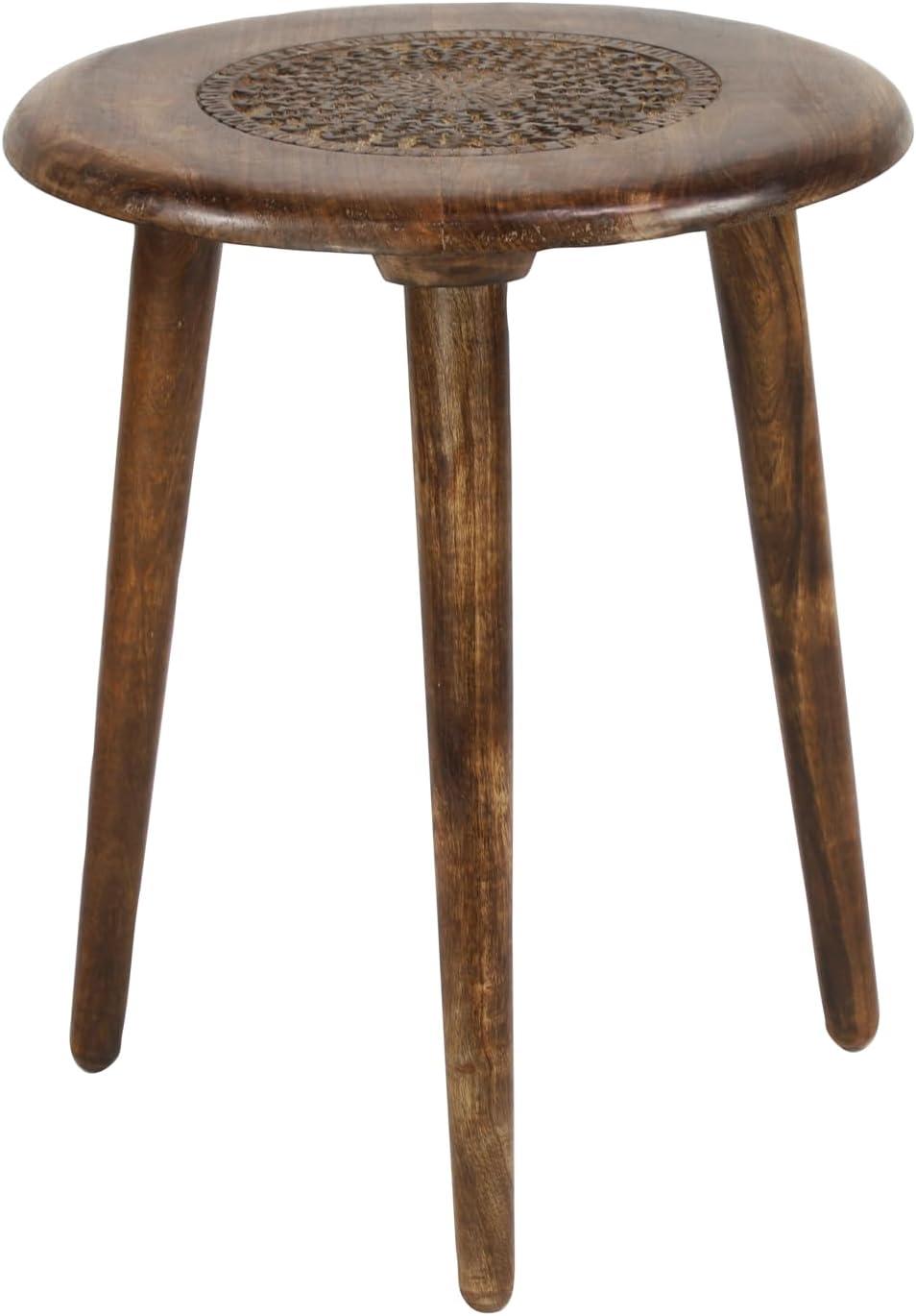 Handcrafted Dark Brown Mango Wood Floral Carved Round Accent Table