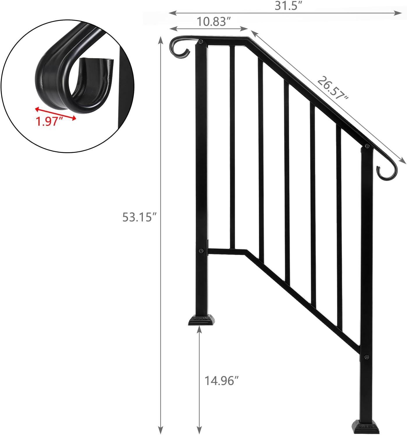 Outvita Handrails for Outdoor Steps, Black Wrought Iron Handrail Fits 2 or 3 Steps, Transitional Handrail with Installation Kit, Stair Railing for Concrete Steps or Wooden Stairs