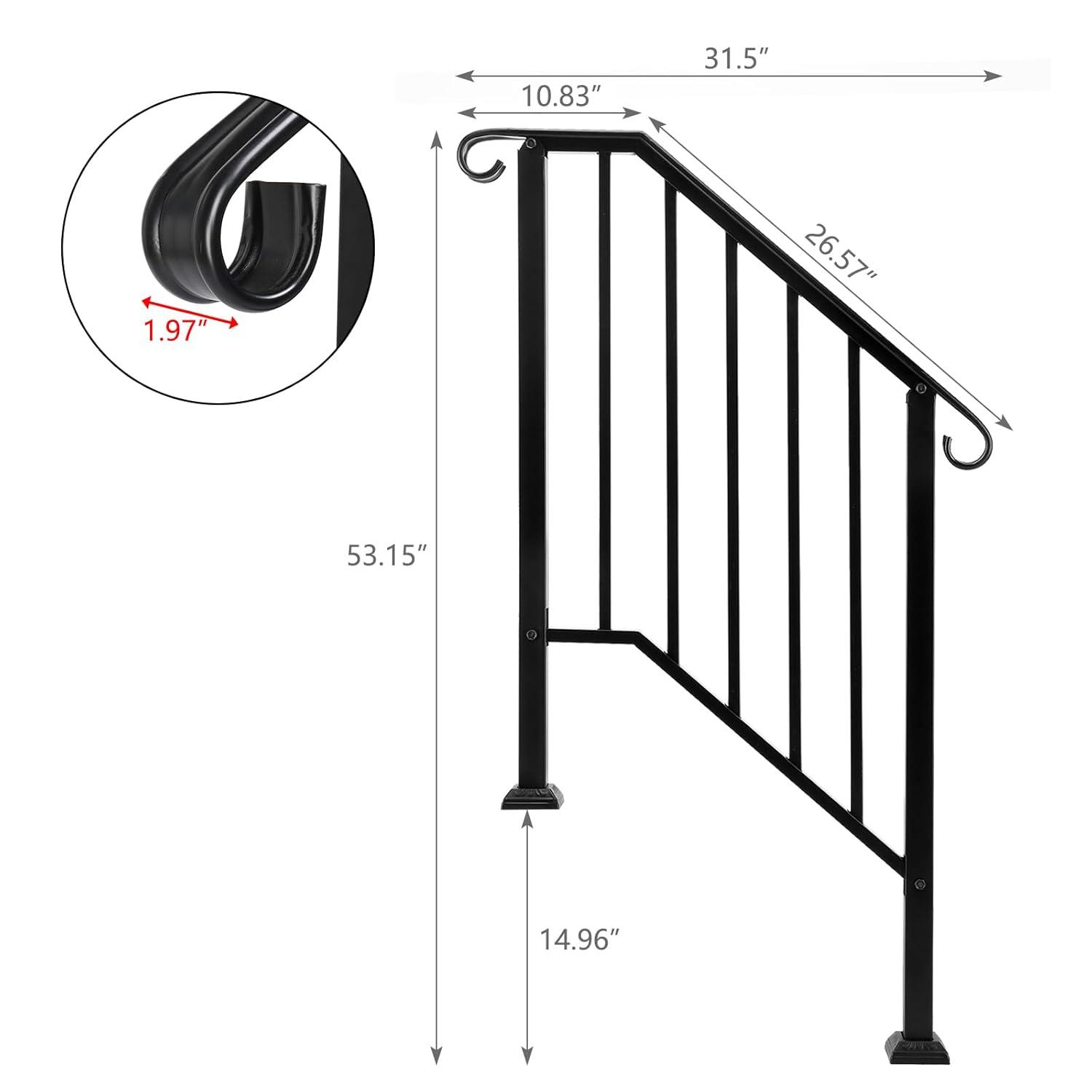 Outvita Handrails for Outdoor Steps, Black Wrought Iron Handrail Fits 2 or 3 Steps, Transitional Handrail with Installation Kit, Stair Railing for Concrete Steps or Wooden Stairs