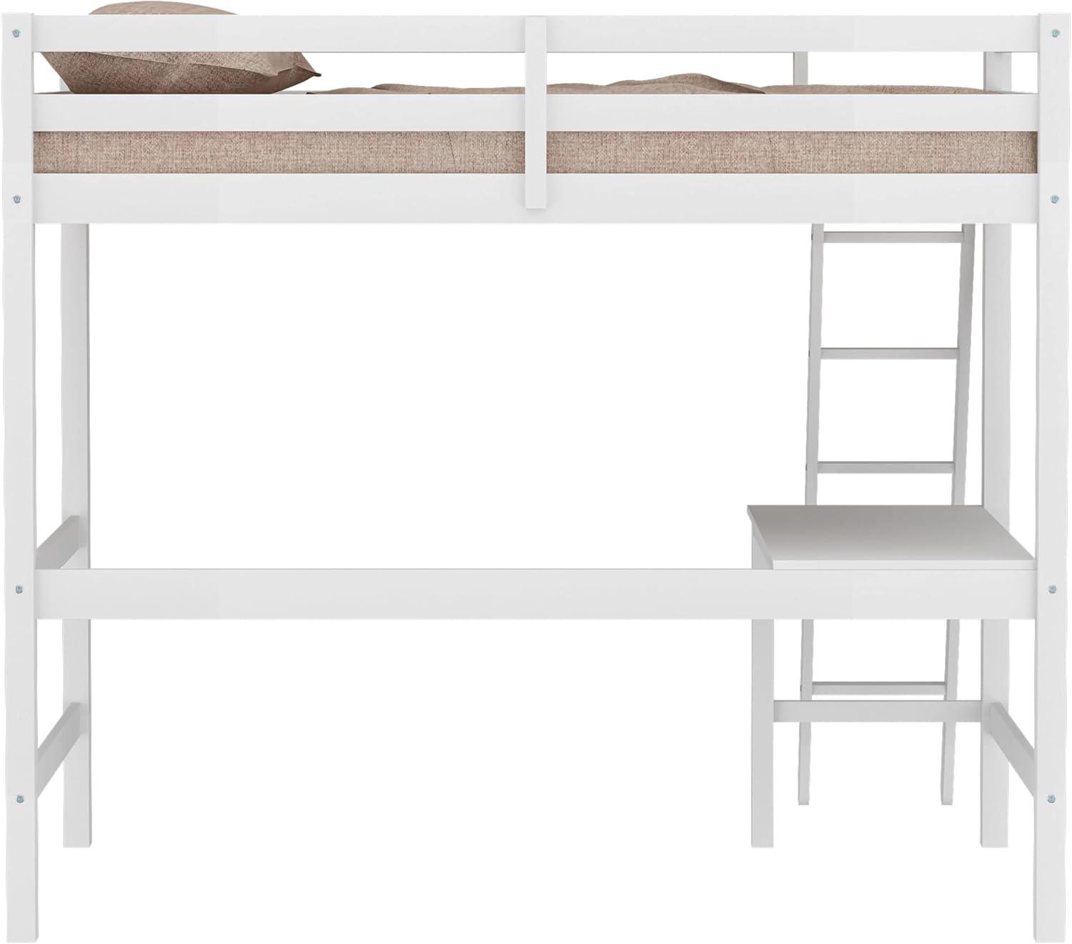 White Twin Pine Loft Bed with Desk and Slats