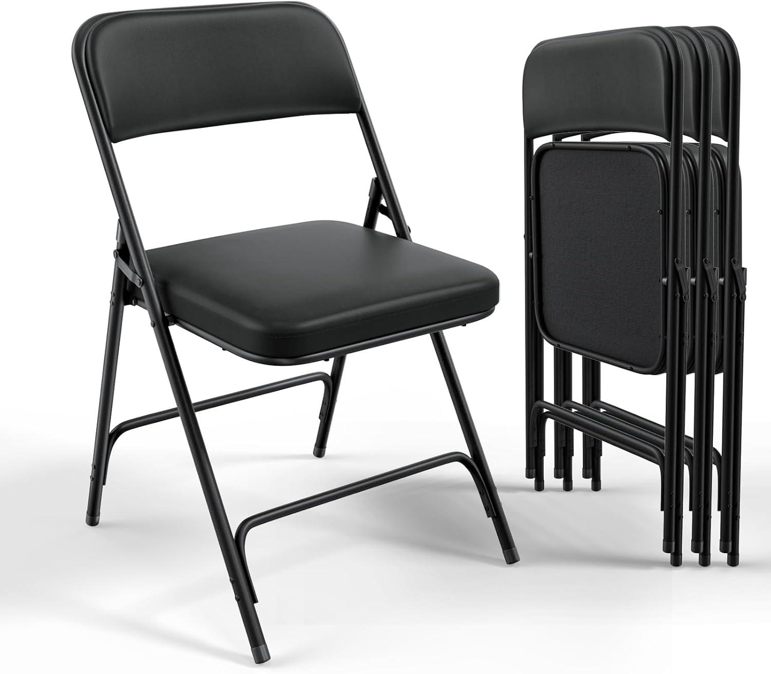 4Pcs Fully Assembled Thick-Padded Black PU Folding Chairs, 17.7"X19.7"X30.7"