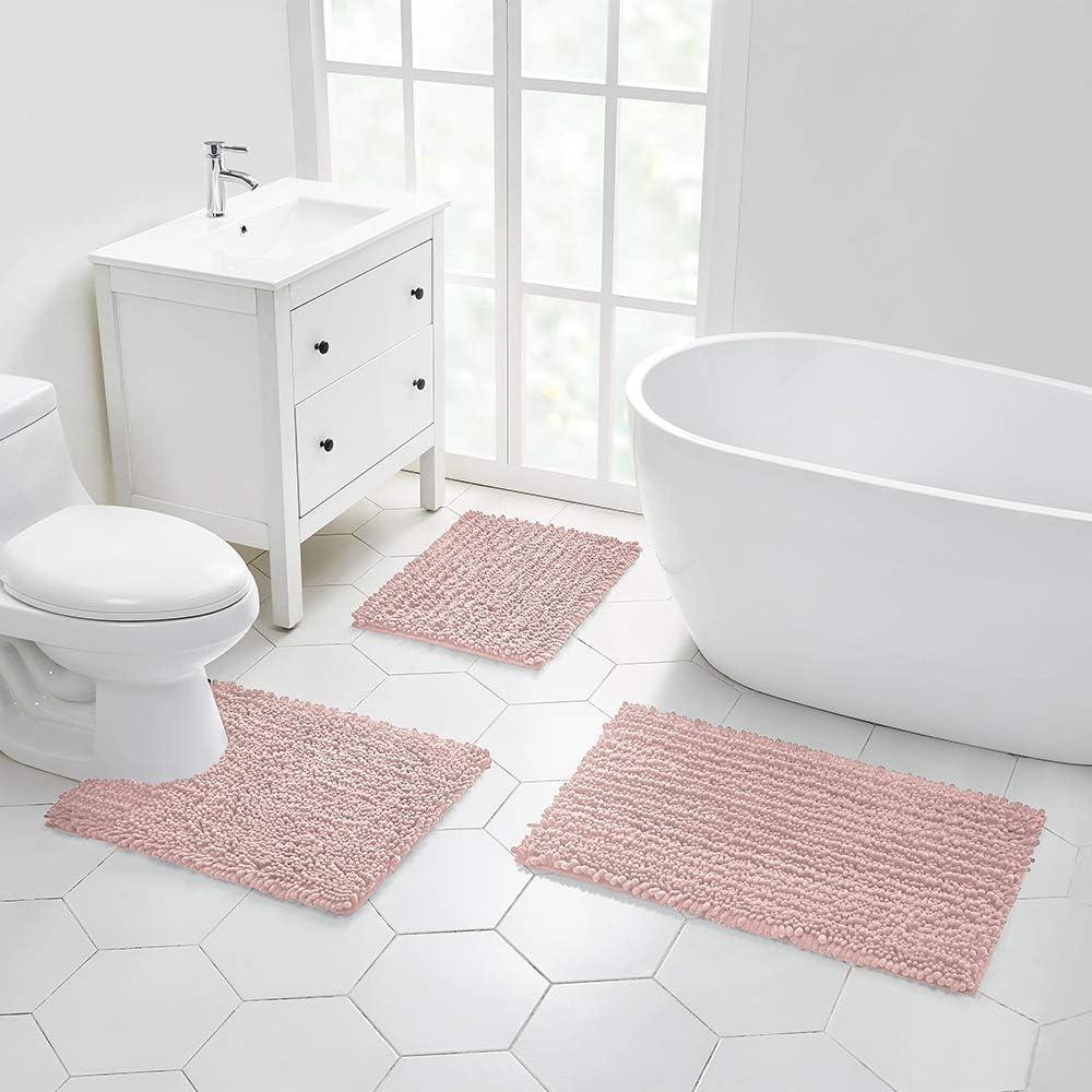 Bathroom Rug Non Slip Bath Mat (24x17 Inch Dusty Pink) Water Absorbent Super Soft Shaggy Chenille Machine Washable Dry Extra Thick Perfect Absorbant Best Small Plush Carpet for Shower Floor