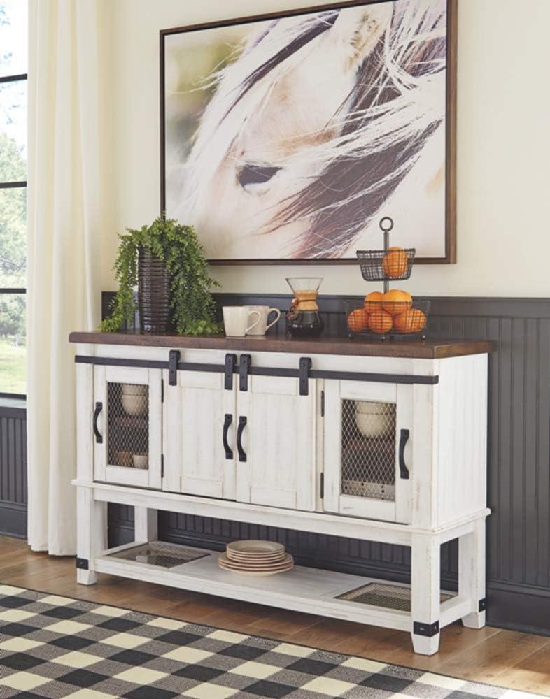 Signature Design by Ashley Valebeck Dining Server White/Brown/Beige: Rustic Farmhouse Sideboard with Adjustable Shelves