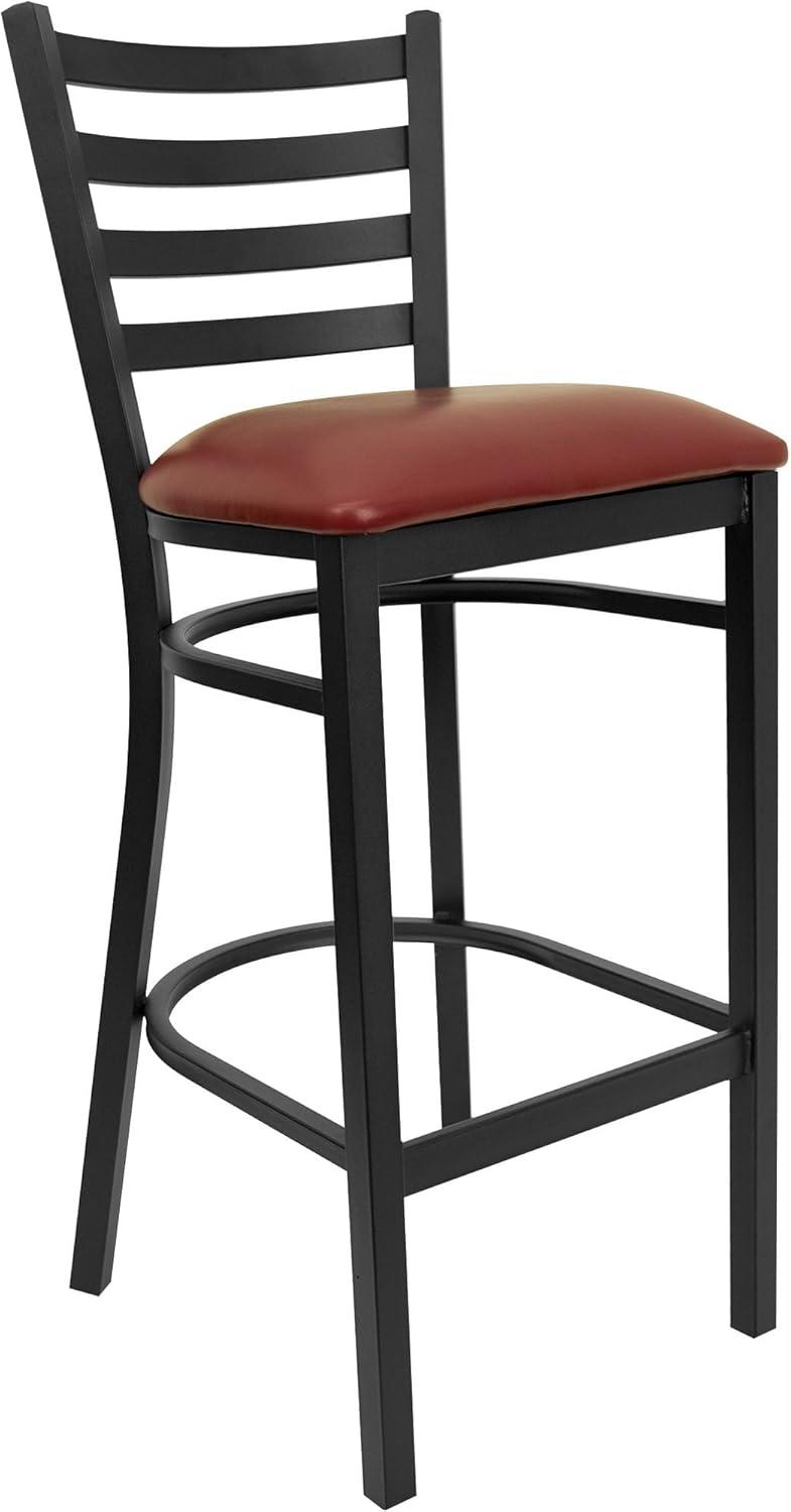 Black Metal Ladder Back Bar Stool with Burgundy Vinyl Seat