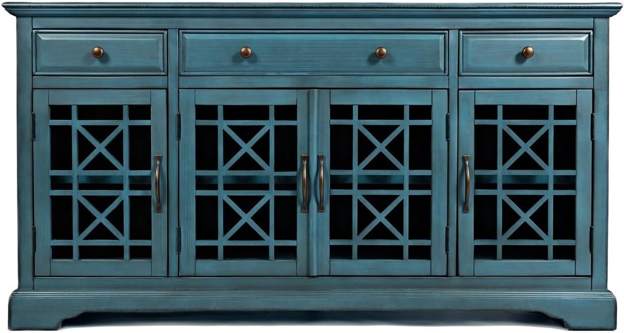 Benzara Koi 60 Inch Acacia Wood TV Media Entertainment Center Console, 4 Glass Doors, Crossed Wood Design, Antique Blue-Finish:Antique Turquoise