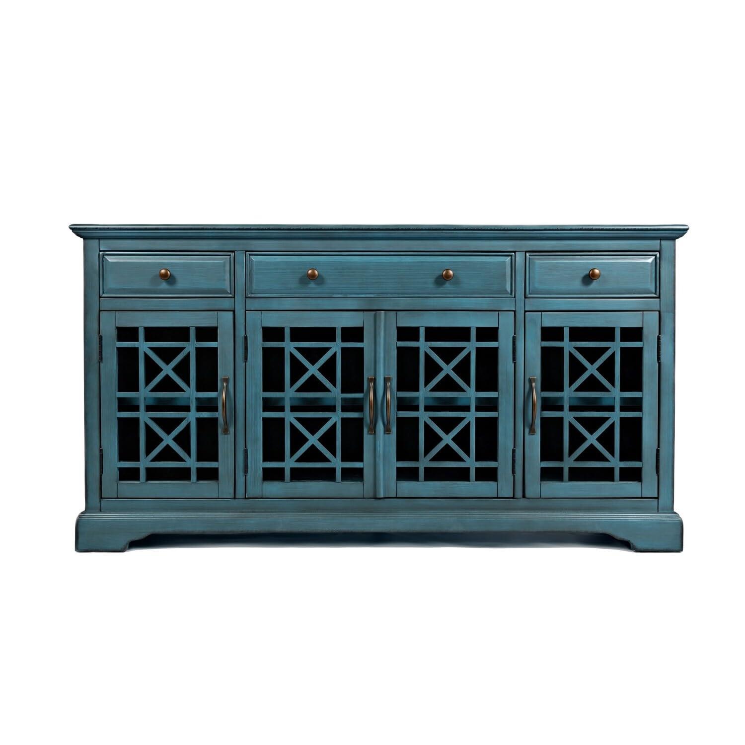 Benzara Koi 60 Inch Acacia Wood TV Media Entertainment Center Console, 4 Glass Doors, Crossed Wood Design, Antique Blue-Finish:Antique Turquoise