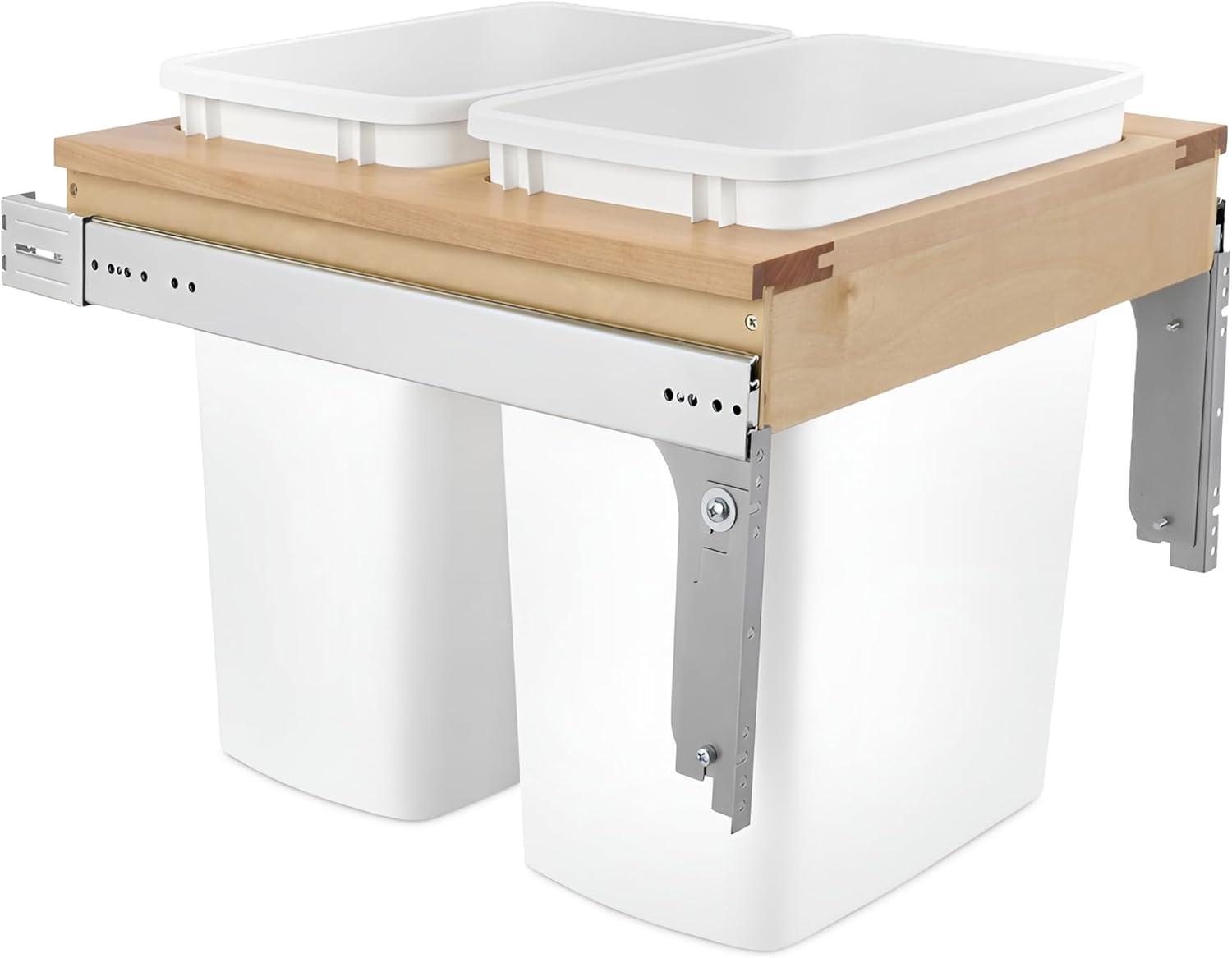 Rev-A-Shelf Double Pullout Trash Can for Base Kitchen/ Bathroom Cabinets, 35 Qt Wood Top Mount Garbage Bin, 18" x 1.5" Face-Frame, White, 4WCTM-21DM2
