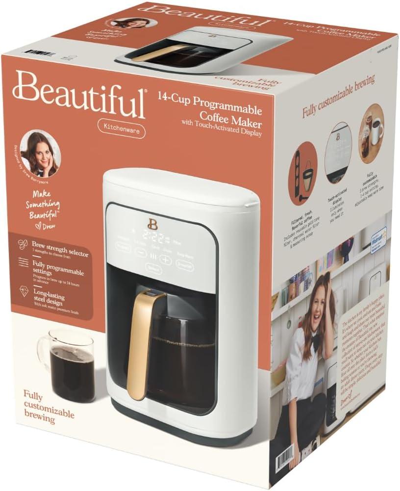 Beautiful 14-Cup Programmable Drip Coffee Maker with Touch-Activated Display, White Icing by Drew Barrymore