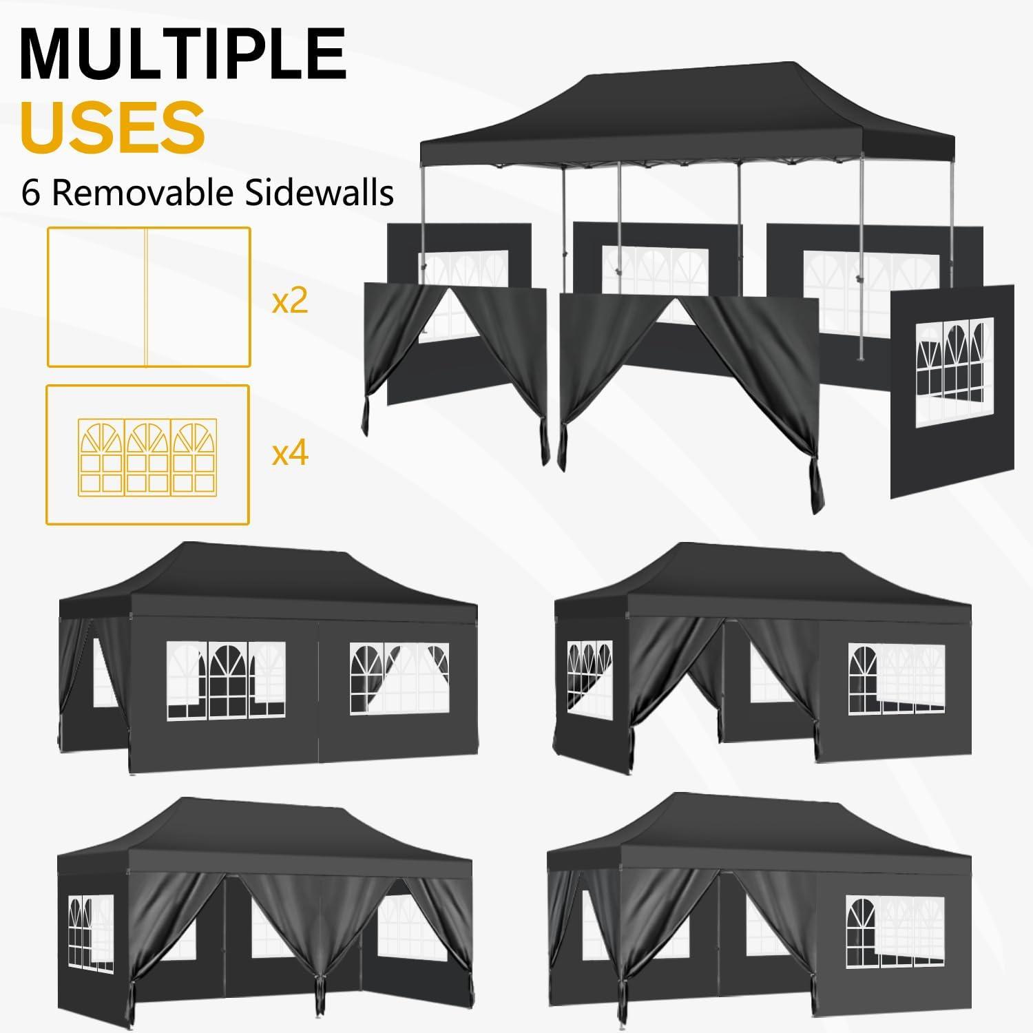 COBIZI Canopy Tent 10X20 Pop up Hollow Tent with 6 Removable Side Walls,Outdoor Event Party Canopy,Instant Portable,Suitable for Parties,Weddings,Camping and Beaches,with Wheeled Bag,Black