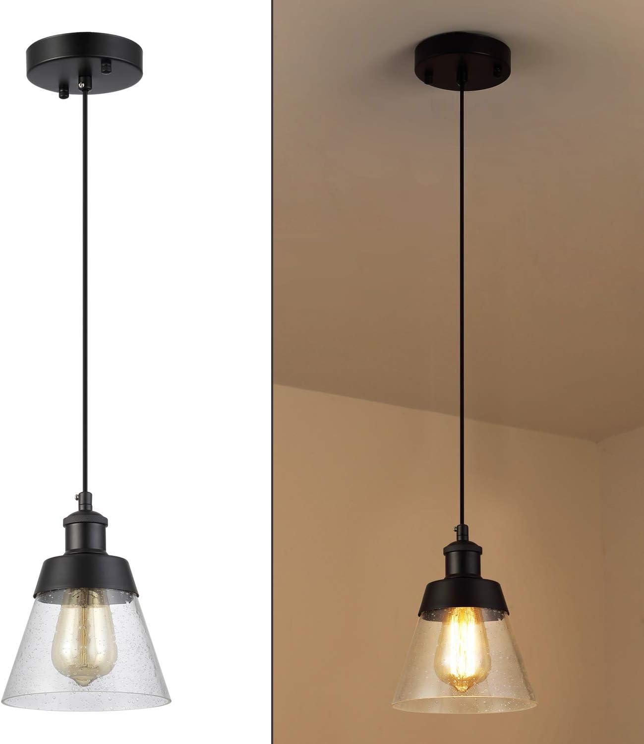 Matte Black Mini Pendant Light with Clear Seeded Glass Shade