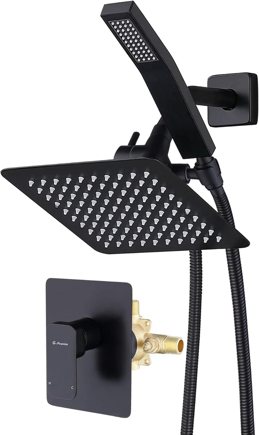 All Metal Shower Faucet Set, Dual Square Shower Head System with Handheld Wand, Diverter, Hose Complete Combo, Pressure Balance Rough-in Valve Included