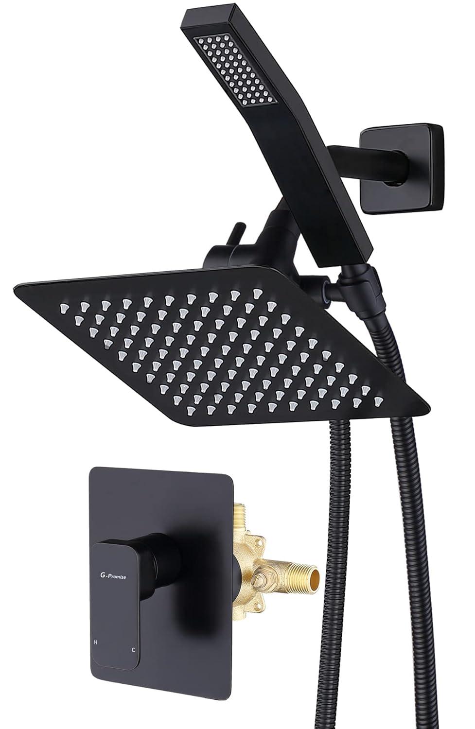 All Metal Shower Faucet Set, Dual Square Shower Head System with Handheld Wand, Diverter, Hose Complete Combo, Pressure Balance Rough-in Valve Included