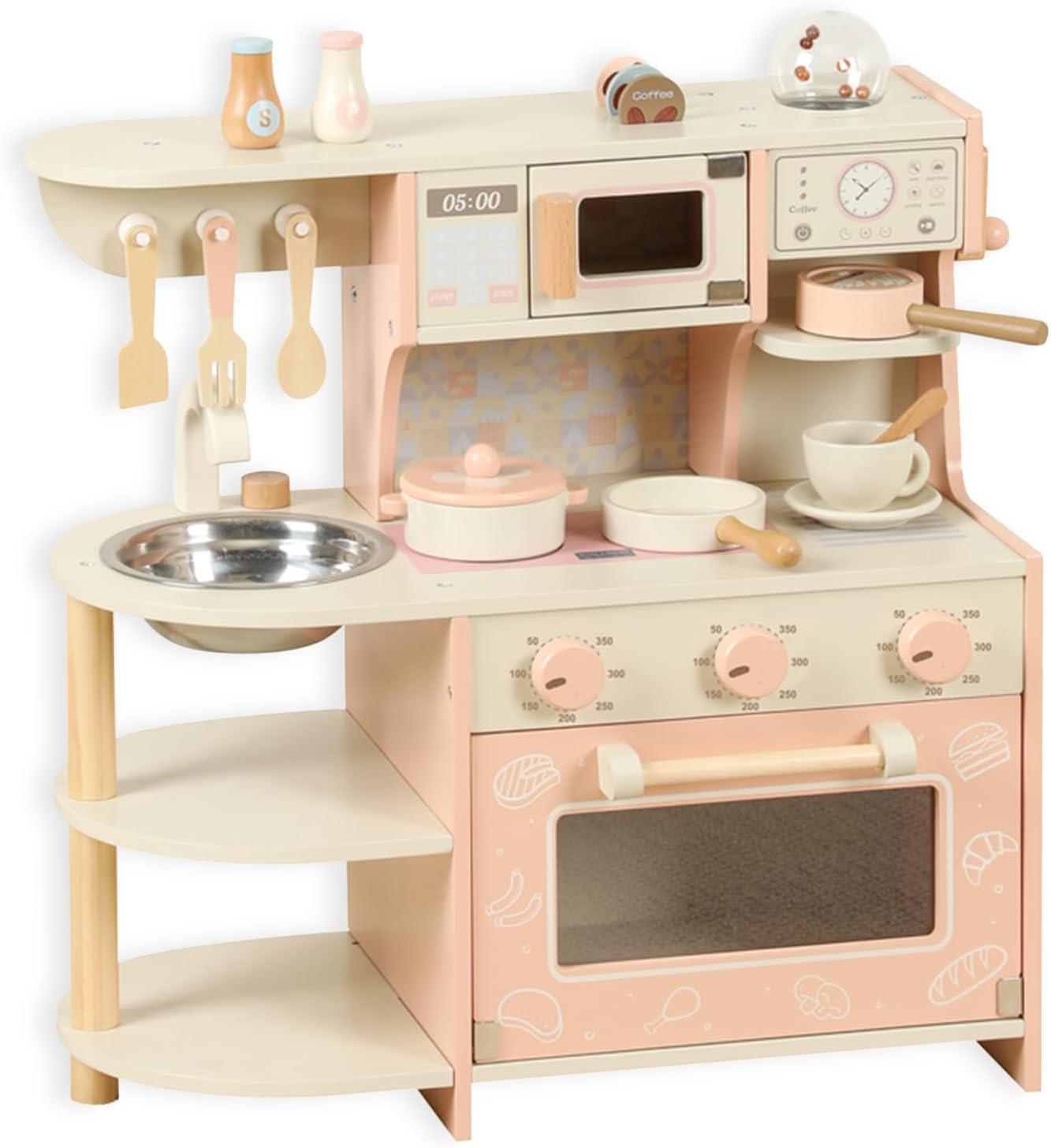 Pink Wooden Play Kitchen with Realistic Accessories for Kids