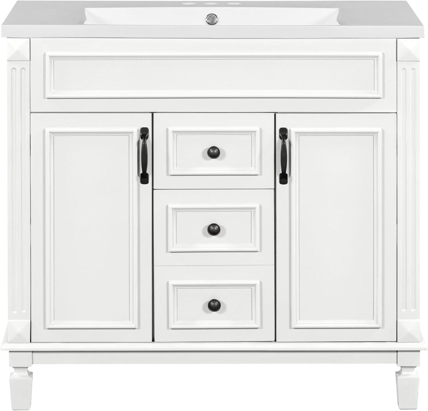 White Freestanding Bathroom Vanity with Ceramic Sink and Storage