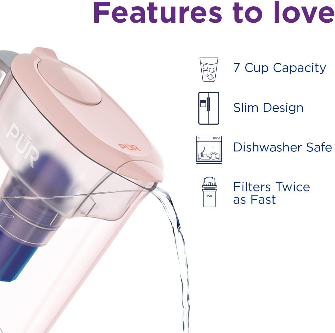PUR 7 Cup Water Pitcher Filtration System Blush PPT700P: BPA-Free, Dishwasher-Safe, Filters Pesticides & Chlorine