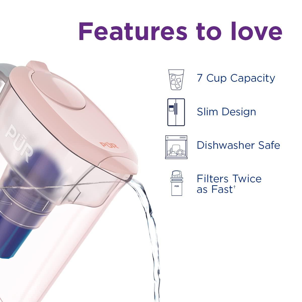 PUR 7 Cup Water Pitcher Filtration System Blush PPT700P: BPA-Free, Dishwasher-Safe, Filters Pesticides & Chlorine