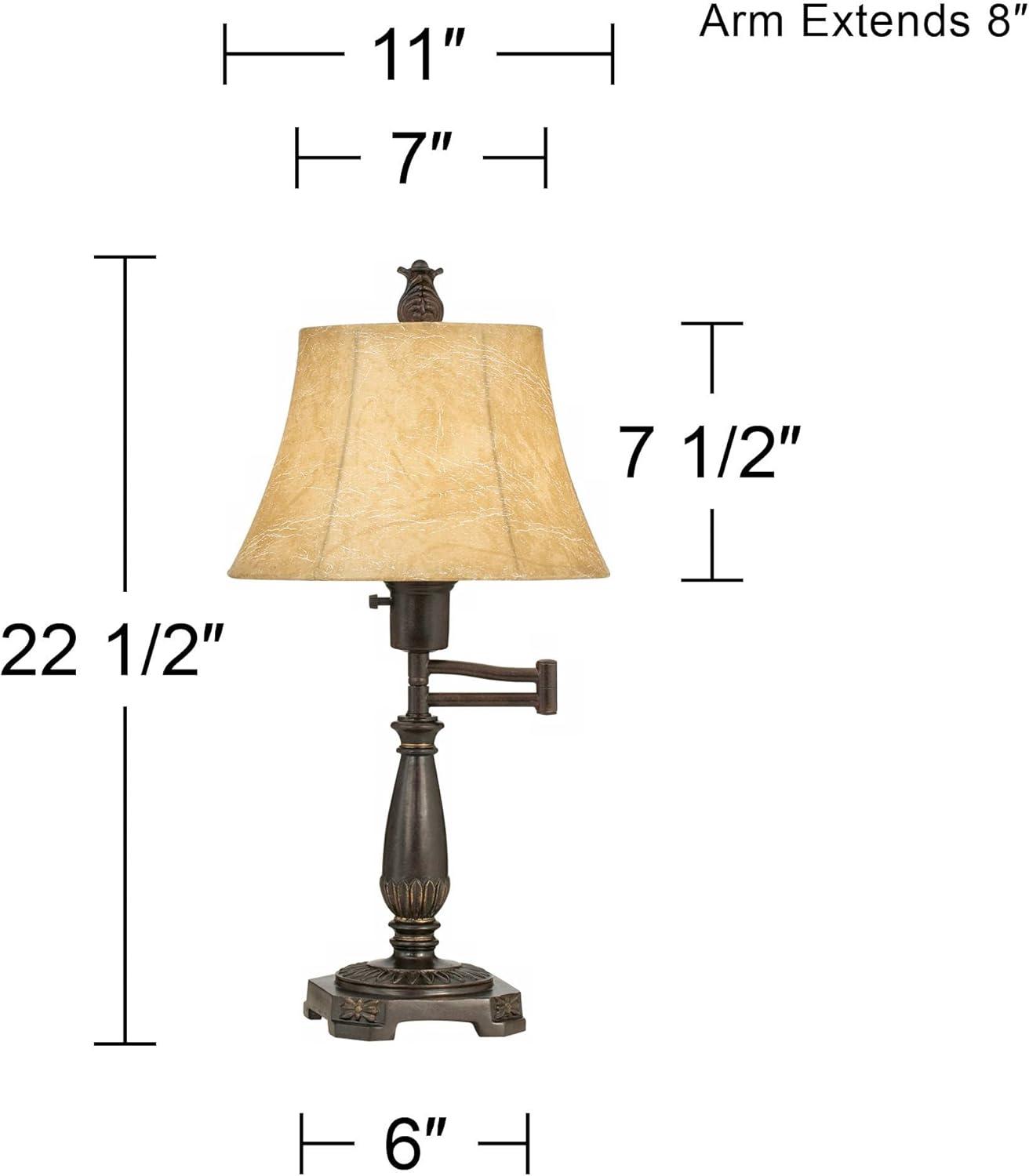 Regency Hill Traditional Accent Table Lamp Swing Arm 22.5" High Bronze Metal Faux Leather Bell Leather Shade for Living Room Family Bedroom