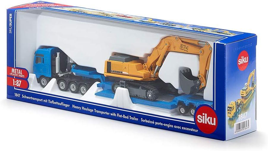 Heavy Haulage Flatbed Transporter Blue and Liebherr 974 Litronic Excavator Yellow 1/87 (HO) Diecast Models by Siku