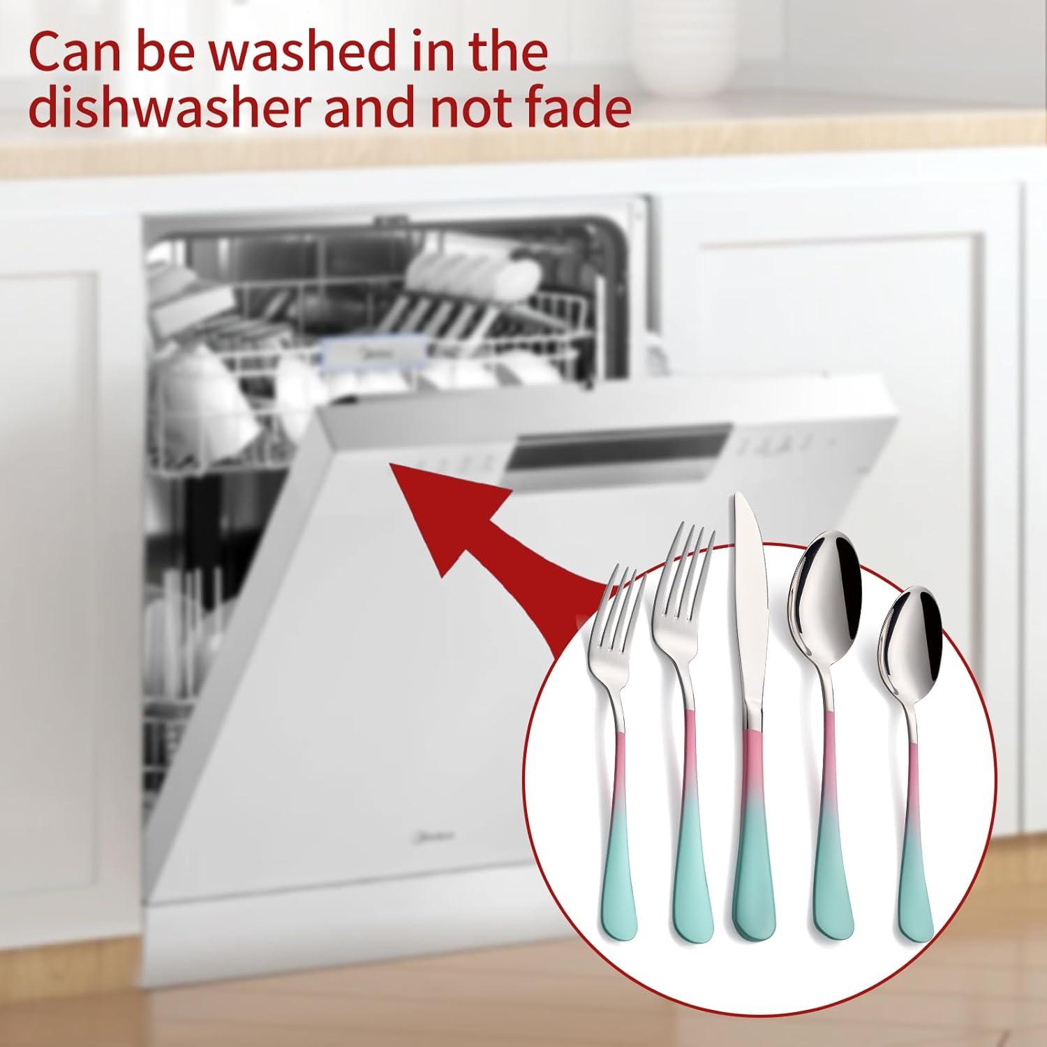 20-Pieces color Silverware Sets for 4,Pink and Green Handle Stainless Steel Cutlery Set, Include Forks Spoons and Knives Set, Dishwasher Safe Utensil Sets for Home Restaurant