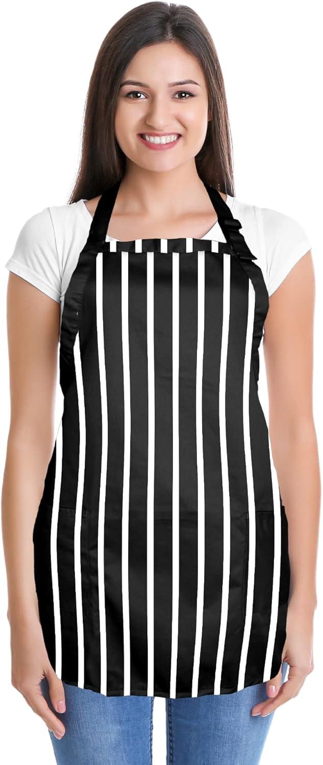 DALIX Apron Commercial Restaurant Home Bib Spun Poly Cotton Kitchen Aprons (2 Pockets) in Striped Black