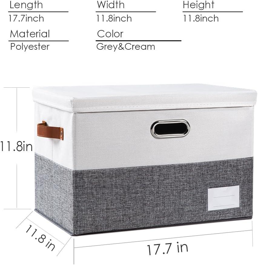 3 Pack Collapsible storage bins with lid. Foldable Storage bins for shelves, closet, office bedroom, or nursery. Containers made with linen fabric and stainless steel handles for organizing.