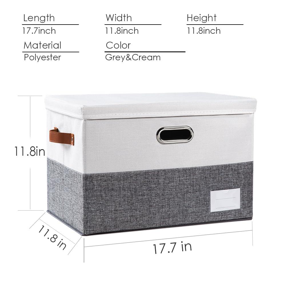 3 Pack Collapsible storage bins with lid. Foldable Storage bins for shelves, closet, office bedroom, or nursery. Containers made with linen fabric and stainless steel handles for organizing.
