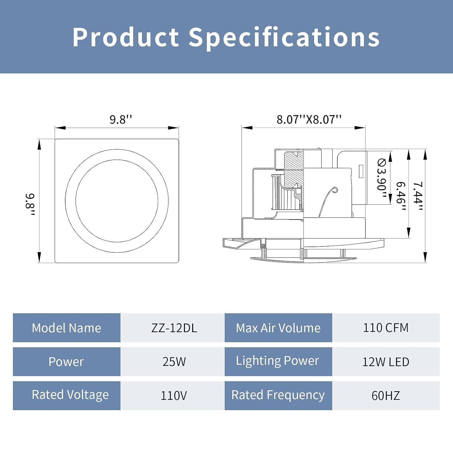 Zeyzer Bathroom Exhaust Fan with Light LED Square Quiet Ceiling Mount Ventilation Fan Combination for Bathroom/Shower/Restroom/Home/Office, 110 CFM 1.0 Sones 4 Inches Duct 110V, White