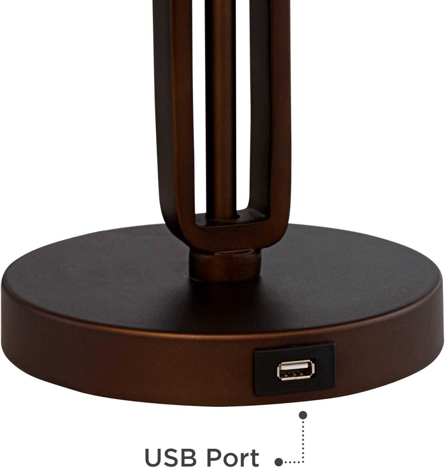 Franklin Iron Works Samuel Industrial Desk Lamp 20" High Rubbed Bronze with USB Charging Port Natural Mica Shade for Bedroom Living Room Bedside Desk