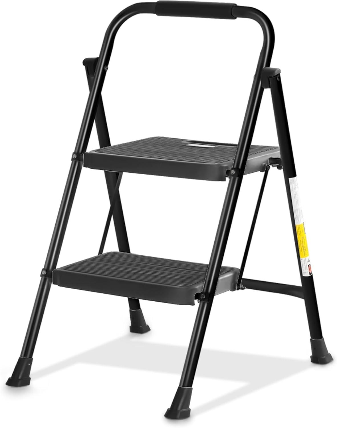 Black Steel Foldable 2-Step Ladder with Soft-Grip Handle