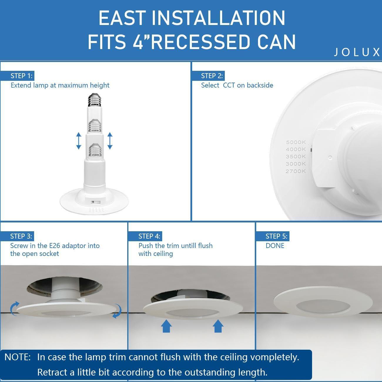 Jolux 4" 5CCT Adjustable Length LED Retrofit Recessed Lighting Kit for Easy Remodel Installation